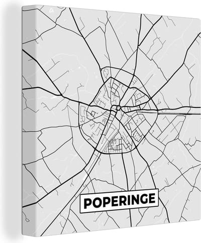 Canvas Schilderij Stadskaart – Plattegrond – België – Zwart Wit – Poperinge – Kaart - 20x20 cm - Wanddecoratie