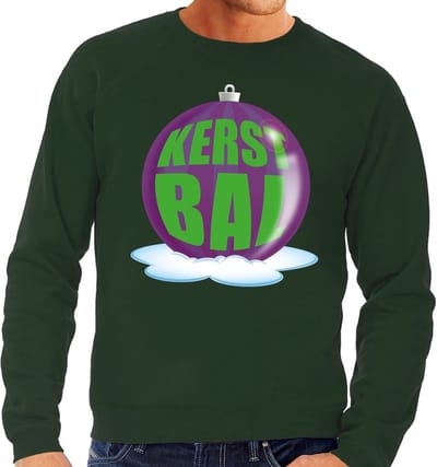 Foute kersttrui kerstbal paars op groene sweater voor heren - kersttruien S