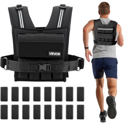 VEVOR Verstelbaar Gewichtvest met 16 Gewichtblokken van 0,95 kg elk, Trainingsvest met Schouderpads en Reflecterende Strips, Gewichtvest voor Krachttraining, Hardlopen, Fitness en Buitenworkouts