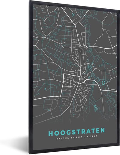 Fotolijst incl. Poster - België – Hoogstraten – Stadskaart – Kaart – Blauw – Plattegrond - 40x60 cm - Posterlijst