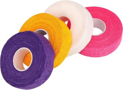 4 Rollen Zelfklevende Vingerbescherming voor Naaiwerk - Ademend Katoenen Thimble Tape voor Quilten, Borduren en Creatieve Klussen in Roze, Wit, Geel en Paars