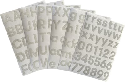 plakletters glitter zilver | alfabet stickers | met cijfers | hoogte 4 cm