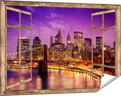Gards Tuinposter Doorkijk Skyline New York van Centrum in het Paars - 120x80 cm - Tuindoek - Tuindecoratie - Wanddecoratie buiten - Tuinschilderij