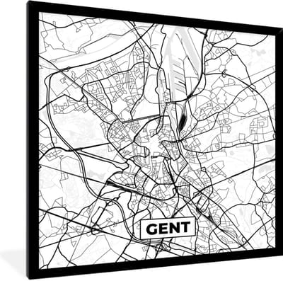 Fotolijst incl. Poster Zwart Wit- Stadskaart – Plattegrond – België – Zwart Wit – Gent – Kaart - 40x40 cm - Posterlijst