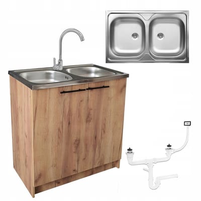 STAMAR - Keukenkast 80 cm - Onderkast met Dubbele spoelbak + kraan + sifon - Eiken Goud