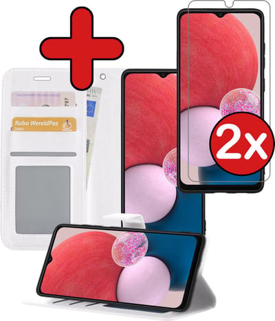 Hoesje - Met 2x Screenprotector - Geschikt voor Samsung Galaxy A13 5G - Luxe Pasjeshouder - Flip Case - Bookcase Portemonee - Kunstleer Book Case - Flipcase Hoes - Book Cover - Walletcase - Portemonneehoes - Telefoonhoes - Wit