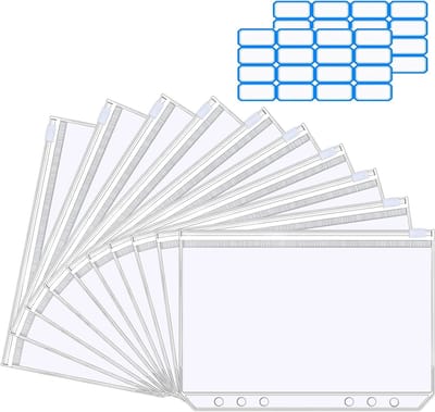 A5 Zipper Binder Tassen, 10 Stuks Plastic Mappen met Rits, Losse Bladzakken met Verwijderbare Labels en Documenthouder