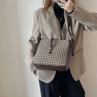 Retro Eénschouder Emmer Tas Pepita Tweed Zilveren Tas Modieuze en Veelzijdige Dames Tas white