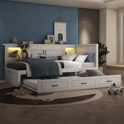 Slaapbank met LED-verlichting - opbergvak naast het bed - uitschuifbaar bed - USB-aansluiting - zonder matras - wit - 90x200 cm