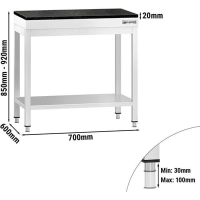 GGM Gastro Edelstahl Arbeitstisch PREMIUM - 700x600mm - mit Grundboden - inkl. Granitarbeitsplatte