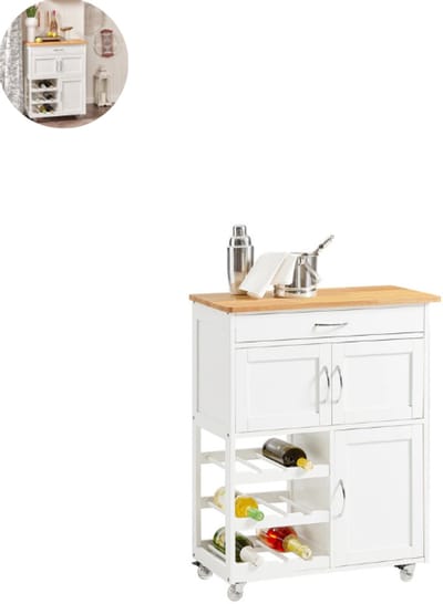 Keukeneiland - Verplaatsbaar - Keukenkast - Dressoir - Organizer - Kasten - Houten Werkblad - Wit