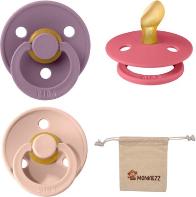 Bibs Dental fopspenen Anatomical 0-6 maanden- Set 3 stuks- Mauve, Coral, Blush- + Monkiezz speenzakje - orthodontisch- Anatomisch- Maat 1