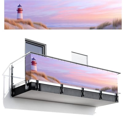 Balkonscherm 500x120 cm - Balkonposter Vuurtoren - Duinen - Zonsondergang - Balkon scherm decoratie - Balkonschermen - Balkondoek zonnescherm