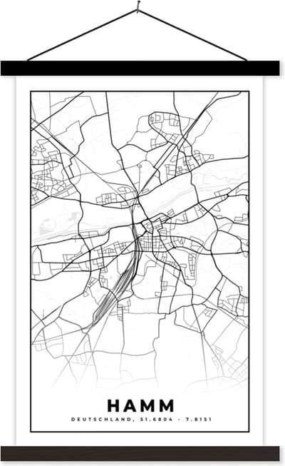 Posterhanger incl. Poster 40x60 cm - Schoolplaat - Plattegrond - Hamm - Stadskaart - Kaart - Textielposter - Zwarte latten - Stadskaart
