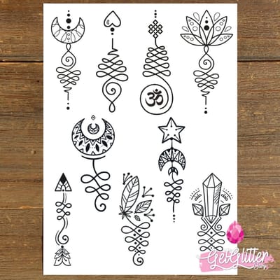 GetGlitterBaby® - Henna Plak Tattoos / Tijdelijke Tattoo / Nep Tatoeage / Festival Tattoes / Festival Tattoes / Temporary Face Body Glitter Tattoo Sticker - 9 Unalome