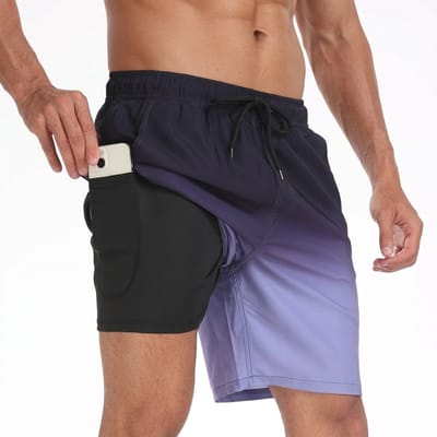 Donkerblauw paars zwemshort heren met kleurverloop binnenbroek telefoon vak en trekkoord sneldrogende strand short zwem broek maat M met zijzakken en achterzak