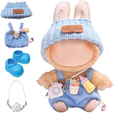 ADEL Kleding Geschikt voor Labubu Pop 17 cm – Inclusief Hoed, Romper, Camera en Schoenen – Schattige Poppenkleertjes – Complete Outfit met Accessoires Blauw