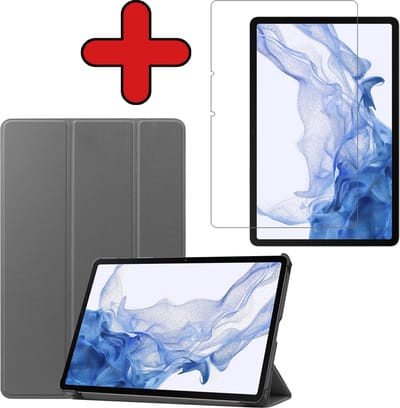 Hoesje - Geschikt voor Samsung Galaxy Tab S8 - Met Screenprotector - Hardcover Book Case - Trifold Bookcase Hoes - Hard Cover - Tablethoes - Grijs