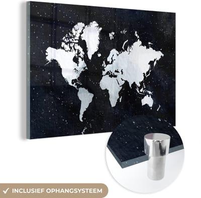 ® Glasschilderij 120x80 cm - Schilderij acrylglas - Wereldkaart - Waterverf - Sterrenhemel - Foto op glas - Muurdecoratie woonkamer - Wanddecoratie slaapkamer - Schilderijen