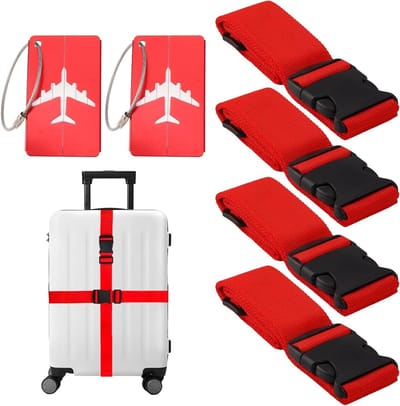 Verstelbare Kofferbanden Set van 4, Ideaal voor Snelle Identificatie van Bagage, Robuuste Luggage Straps in Rood