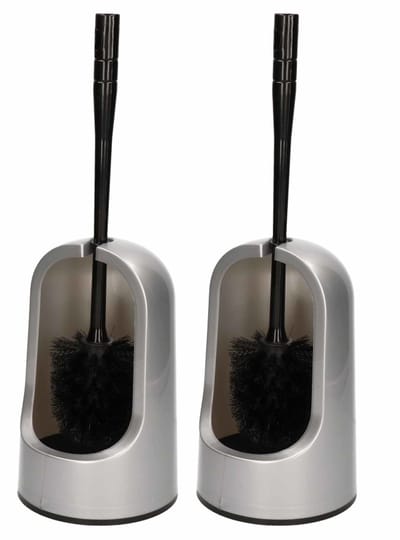 Plasticforte WC borstel met houder - 2x - zilver - 40 cm - kunststof - toiletborstels