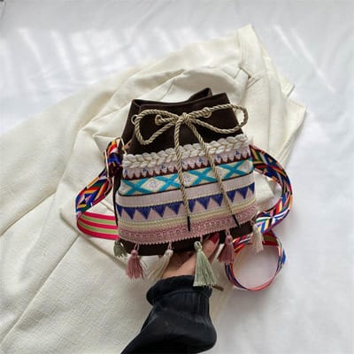 Etnische Feng Shui Emmer Tas Dames Nieuwe Handgemaakte Kwast Gevlochten Tas Mode Retro Schoudertas Crossbody Tas Dames gray