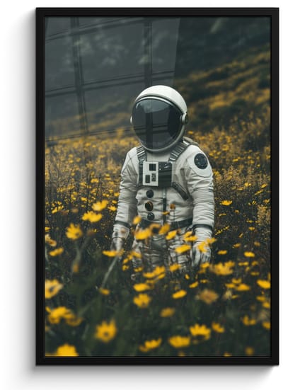 Poster in lijst - Fotolijst 60x90 cm - Posters - Astronaut - Bloemen - Veld - Geel - Posterlijst zwart - Decoratie - Wanddecoratie woonkamer - Muurdecoratie slaapkamer