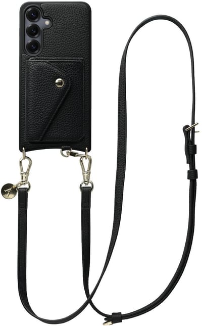 AVY Leren Hoesje geschikt voor Samsung Galaxy S25 / S24 | Met Koord en Magnetische Kaarthouder | Compatibel met MagSafe | Leather Case met 130CM Koord & Wallet | Long Leather | Zwart