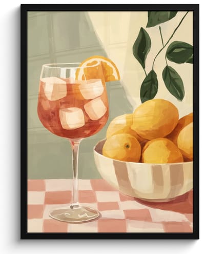 Poster in lijst - Fotolijst 50x70 cm - Posters - Citroenen - Glas - Tafelkleed - Geblokt - Posterlijst zwart - Decoratie - Wanddecoratie woonkamer - Muurdecoratie slaapkamer