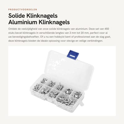 Dailygoods- Klinknagels Set - 450 Stuks - Platte Kop - Aluminium - Corrosieweerstand - Lengte 3 mm/20 mm - Stevige Structuur - Bevestigingsmaterialen