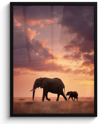 Poster in lijst - Fotolijst 60x80 cm - Posters - Olifanten - Grasland - Zonsondergang - Posterlijst zwart - Decoratie - Wanddecoratie woonkamer - Muurdecoratie slaapkamer