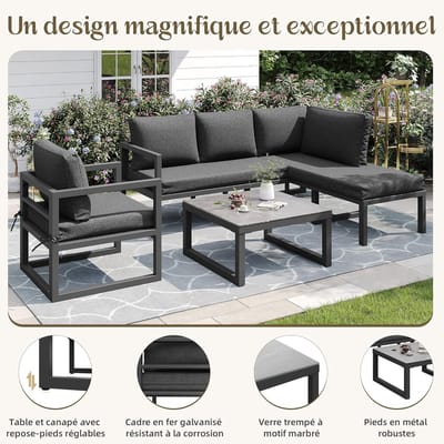 Loungeset Tuin 5-Delig L-Vorm 122x60x78 cm met Tafel 60x60 cm – Hoekbank met Verstelbare Poten, Gehard Glas & Dikke Kussens Grijs – Laura