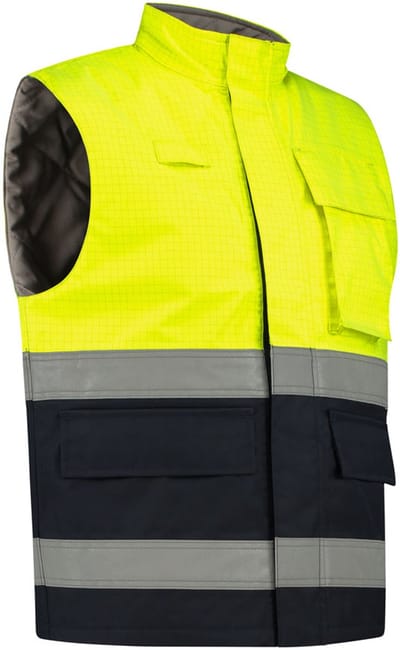 Dapro Protector Multinorm Waterbestendige Bodywarmer - Maat 2XS - Marineblauw/Hi-Vis Geel - Vlamvertragend , antistatisch en chemicaliën resistent