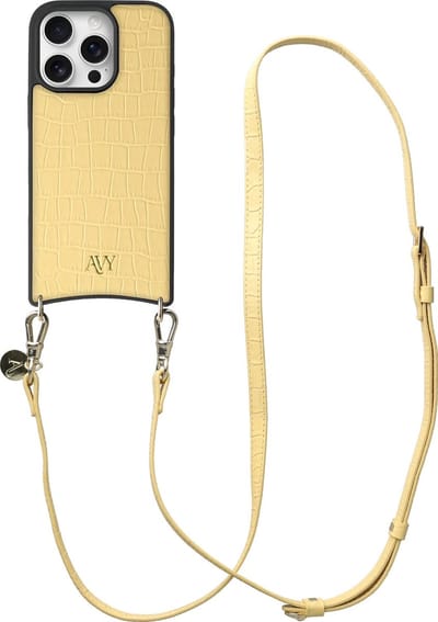 AVY Leren Hoesje Geschikt voor Apple iPhone 16 Pro | Compatibel met MagSafe | Leather Case met Telefoonkoord | Crossbody | Croco Geel | Long Leather