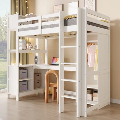 OKWISH Hoogslaper 90x200 cm - Met Bureau En Kast - Met Open Opbergruimte - Kinderkamer - Grenenhout - Wit - Zonder Matras