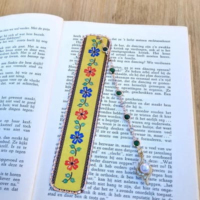 Luxe Handgemaakte Boekenlegger – Vintage Bloemenpatroon met Parel en Kristallen –Boek Bladwijzer