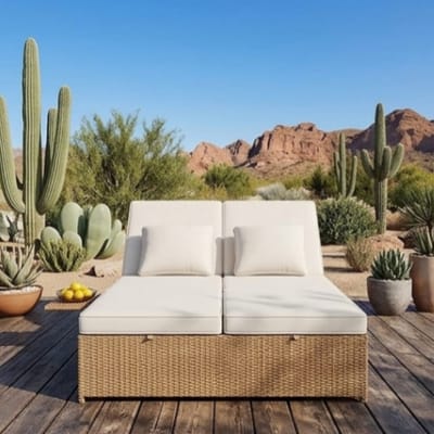 Zonneligstoel 2 Personen 199x120x81 cm – Inklapbaar Rotan Loungebed met Verstelbare Rugleuning, Hoofdsteunen en Kussen – Outdoor Tuin Ligbed met Plank – Kaki/Beige – Bella