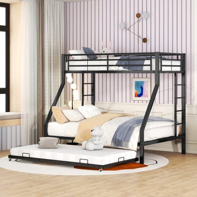 Metalen Stapelbed 90/140x200 cm met Uitschuifbed – Dubbele Ladder – Zwart