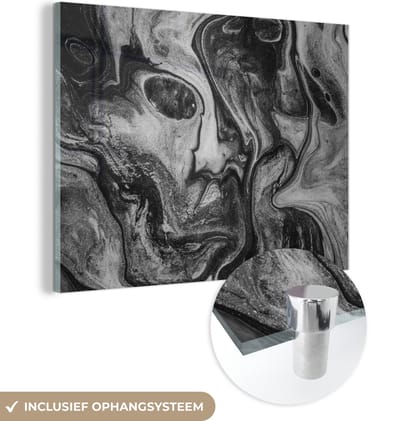 Glasschilderij zwart wit - Zwart - Graniet - Wit - Steen - 160x120 cm - Schilderij glas - Woonkamer decoratie