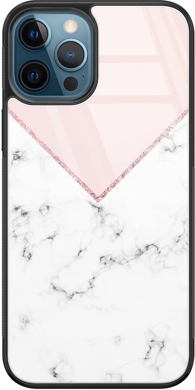 Hoesje geschikt voor iPhone 12 - Marmer roze grijs - Luxe Glazen Hardcase - Marmer - Roze - Leuke Telefoonhoesjes