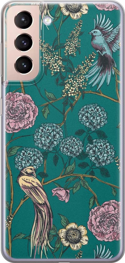 Hoesje geschikt voor Samsung Galaxy S21 Plus - Vogels Japanse bloemen - Soft Case - TPU - Bloemen - Blauw - Mooie Telefoonhoesjes