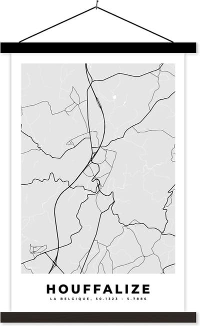 Posterhanger incl. Poster 40x60 cm - Schoolplaat - Zwart Wit – België – Plattegrond – Stadskaart – Kaart – Houffalize - Textielposter - Zwarte latten - Stadskaart