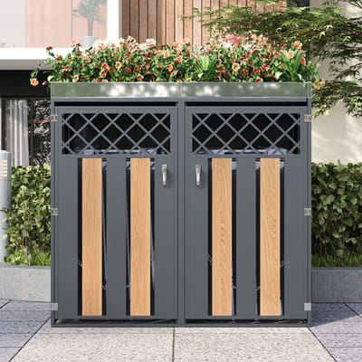 MODFU - Containerombouw - Met Geïntegreerde Plantenbak En Afsluitbare Dubbele Deuren - Industrieel - Voor De Tuin - Staal - Grijs En Houtlook