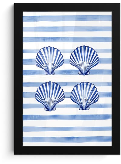 Poster in lijst - Fotolijst 20x30 cm - Posters - Vier schelpen - Blauw - Wit - Strepen - Posterlijst zwart - Decoratie - Wanddecoratie woonkamer - Muurdecoratie slaapkamer