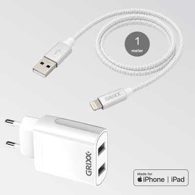 Lightning naar USB-A kabel met iPhone oplader - Grixx - MFi - 1 meter - Wit