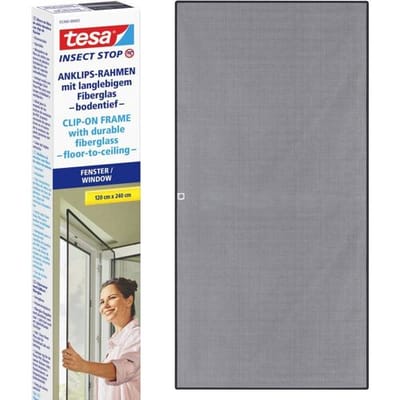 tesa INSECT STOP Clip-on Frame Fly Screen for Windows - verstelbaar frame, glasvezelnet, zelfklevende clips, antraciet - 120 x 240 cm