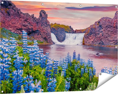 Gards Tuinposter Waterval met Blauwe Lupine Bloemen - 120x80 cm - Tuindoek - Tuindecoratie - Wanddecoratie buiten - Tuinschilderij