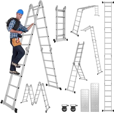 Aluminium multifunctionele vouwladder 5,8 m met 20 treden en 2 steigerplaten - hoogte tot 5,8 m - belastbaar tot 150 kg - zilver