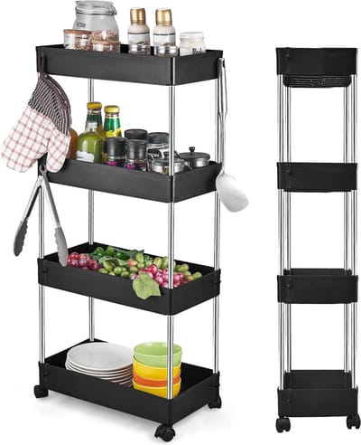 Keukenwagen met 4 niveaus, keukenrek, nisrek op wieltjes, rolwagen, nisrek 22 cm breed, opbergrek voor keuken, kantoor, badkamer, wasruimte, kunststof 40 x 22 x 86 cm