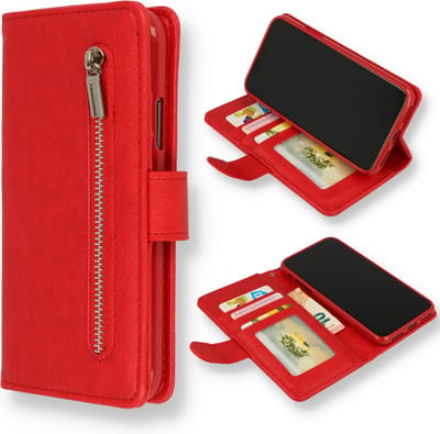 Casemania Hoesje Geschikt voor Samsung Galaxy A03 - Rood - Luxe Kunstlederen Portemonnee Book Case met Rits